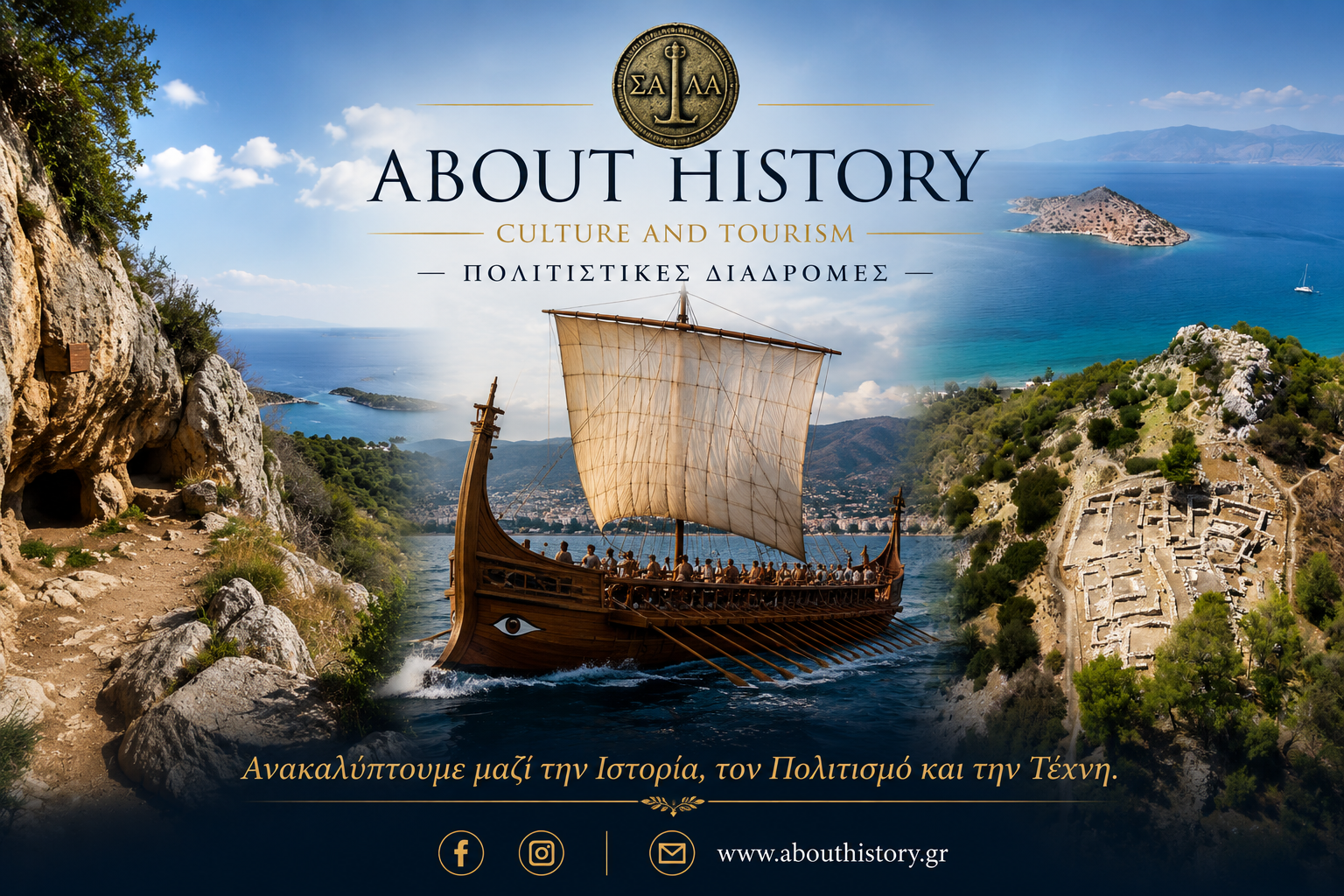 About History — Culture and Tourism. Πολιτιστικές διαδρομές: αρχαίο πλοίο σε ελληνικό τοπίο με αρχαιολογικό χώρο και θάλασσα.
